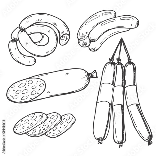 Sausages sketch. Vintage sausage and meat food vector doodles, ham and salami, pepperoni and wieners hand drawn vector illustration