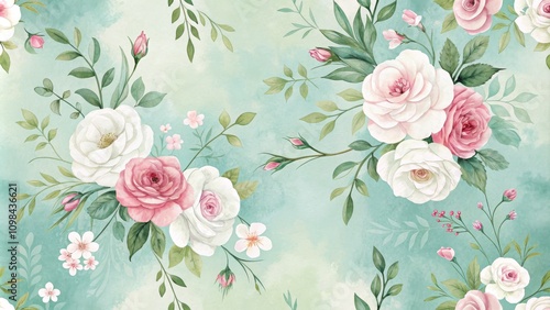 Watercolor Floral Seamless Pattern Pink and White Roses on Aqua Background