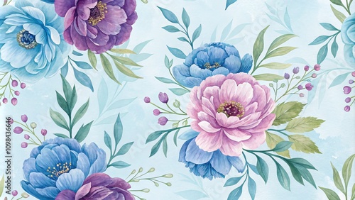 Watercolor Floral Seamless Pattern Pastel Peonies and Greenery on Blue