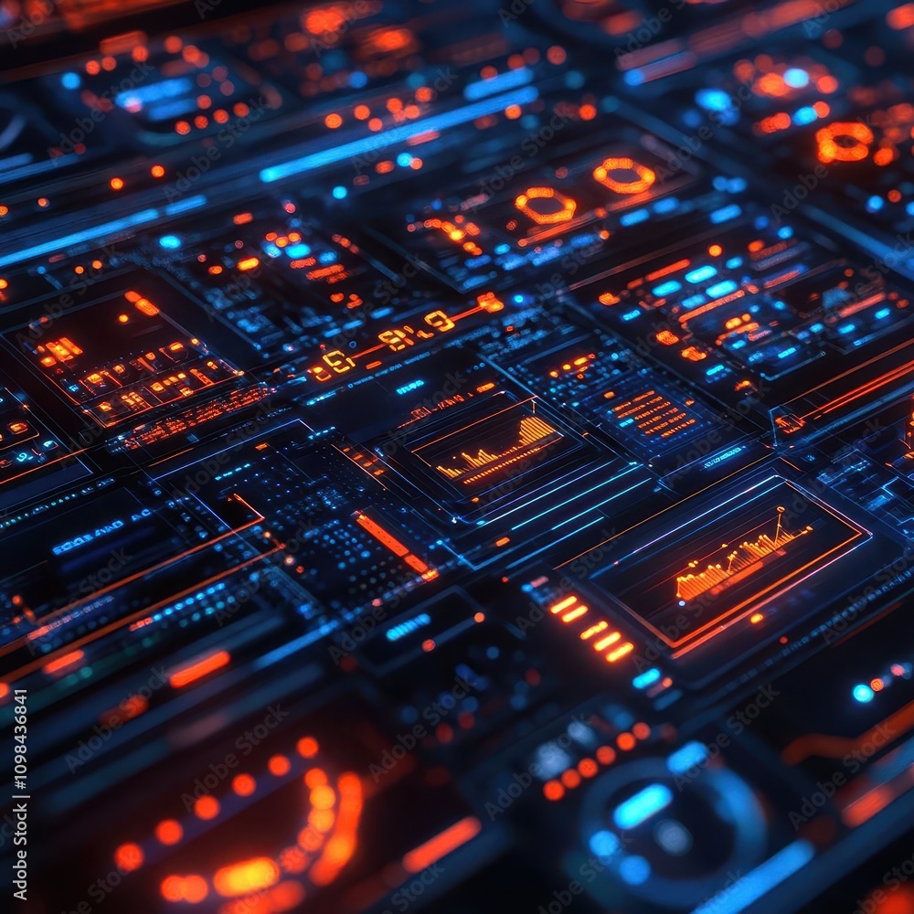 Fototapeta premium Abstract depiction of a digital control panel with multiple sliders representing different business processes, [Process Control], [Operational Efficiency].