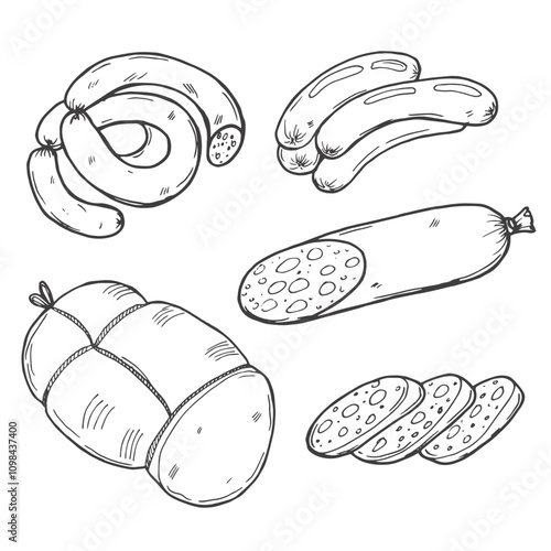 Sausages sketch. Vintage sausage and meat food vector doodles, ham and salami, pepperoni and wieners hand drawn vector illustration