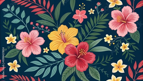 Tropical Hibiscus and Plumeria Seamless Pattern Vibrant Floral Design on Navy Background
