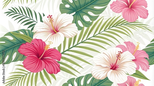 Tropical Hibiscus and Palm Leaf Seamless Pattern Floral Illustration