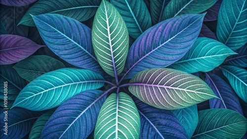 Teal and Purple Tropical Leaf Radiance Symmetrical Composition photo