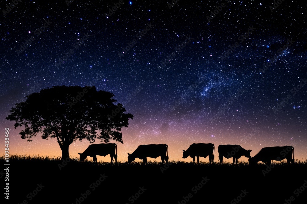Naklejka premium Silhouette of cows and tree against a starry night sky, capturing the serene beauty of rural life.