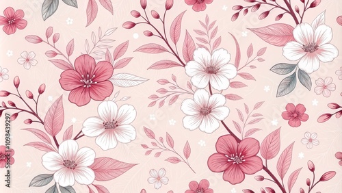 Pink and White Floral Seamless Pattern Botanical Line Art Illustration