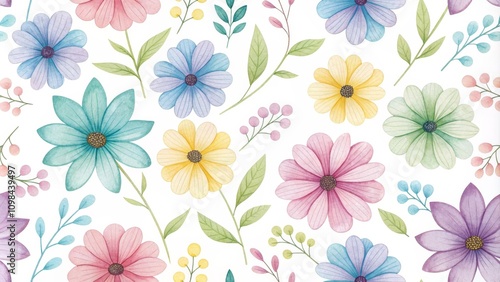 Pastel Watercolor Floral Seamless Pattern Daisies and Greenery Repeat