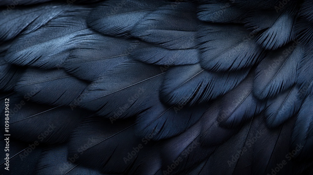 Obraz premium Captivating close-up view of lush dark blue feathers, intricately layered and displaying a stunning array of textures and hues in natural light