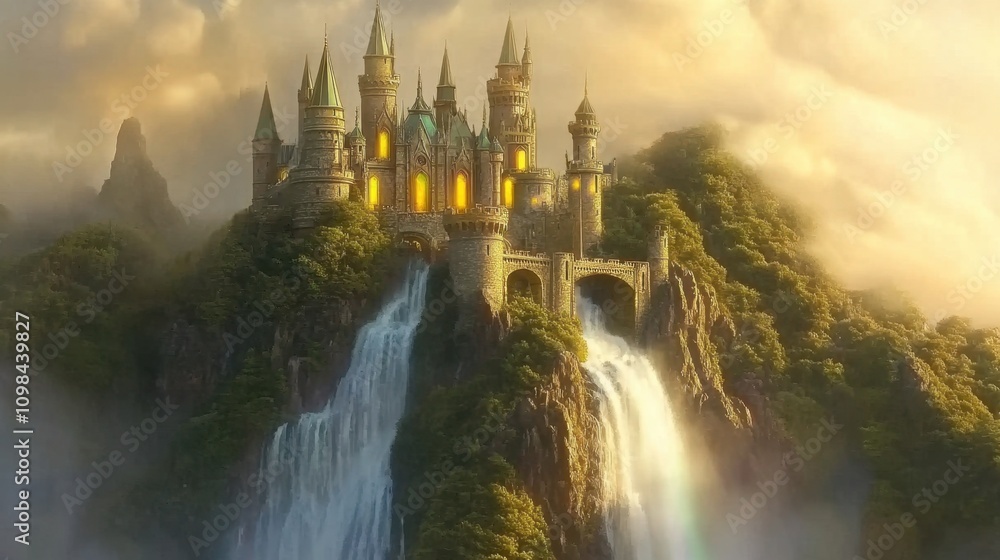 Fototapeta premium A fantasy castle built atop a waterfall, with glowing windows and surrounded by golden mist and rainbow light.