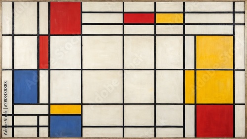 Neo-Plasticism Grid Composition, Red, Yellow, Blue, and Off-White Rectangles photo