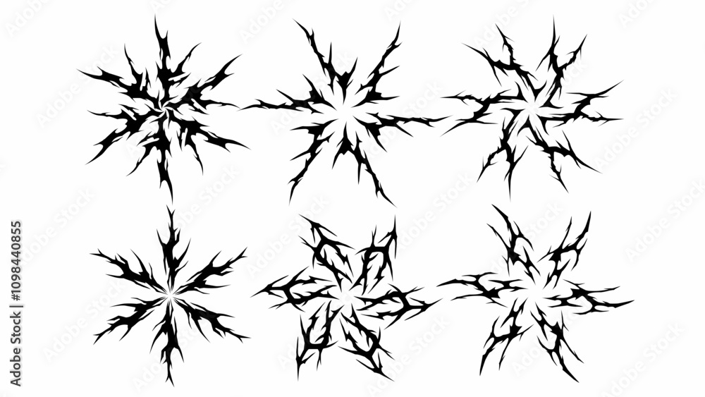 Obraz premium Set of abstract shapes floral Symmetrical neo tribal sigilism Pattern Cyber ​​Gothic tattoo Elements in White black hand drawn