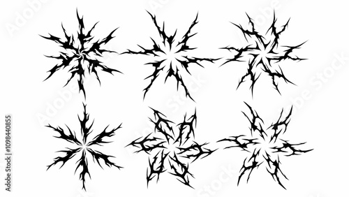 Set of abstract shapes floral Symmetrical neo tribal sigilism Pattern Cyber ​​Gothic tattoo Elements in White black hand drawn