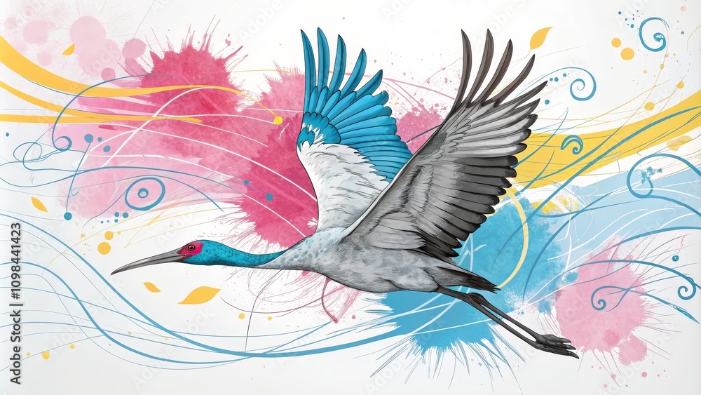 Obraz premium Crane in Flight Abstract Watercolor and Line Art Composition