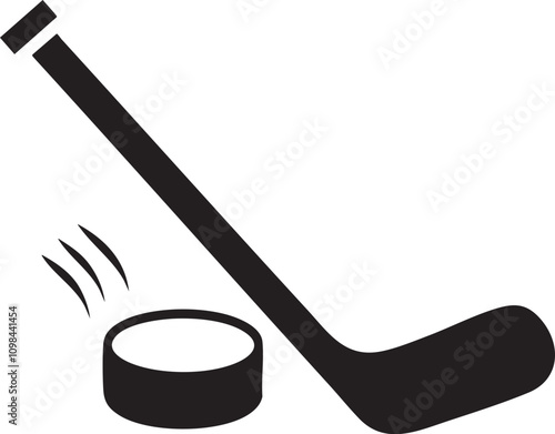 "Hockey Stick and Puck Vector Icon - Black and White Design for Sports, Games, and Recreation Graphics"

