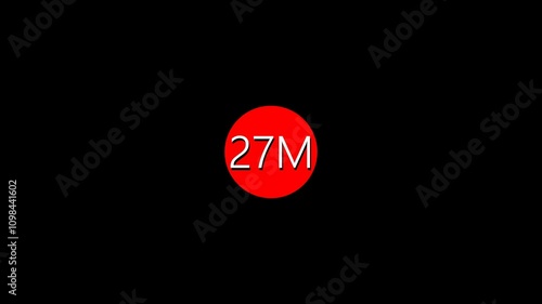 27M text front animation on isolated black background. Think you drop shadow on the 27M followers numbers. photo