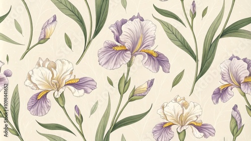 Botanical Iris Seamless Pattern Watercolor and Ink Illustration