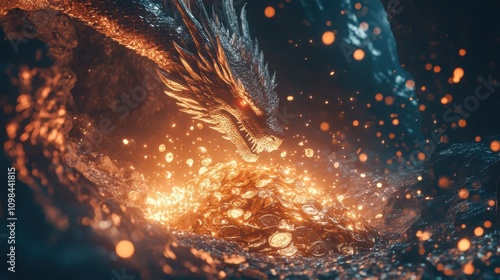 A fantasy scene with a glowing dragon curled around a treasure pile, shimmering with golden light in a dark cave.