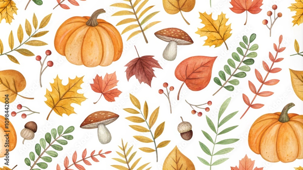 Fototapeta premium Autumn Watercolor Seamless Pattern Pumpkins, Mushrooms and Leaves