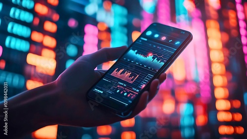 Trading in the Digital Age: A hand holds a smartphone displaying stock market data, the screen illuminated by a vibrant, abstract backdrop of financial indicators and charts.