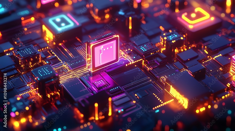 Fototapeta premium A vibrant, abstract representation of a microchip and circuitry with glowing elements.