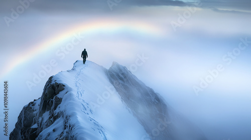 Climber walking along a ridge with a fog bow, a white rainbow, forming in the mist around them photo