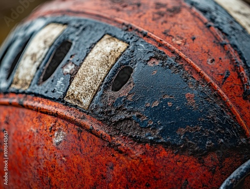 Vintage football helmet shows weathered paint with rustic charm and historical appeal for sports enthusiast collectors photo