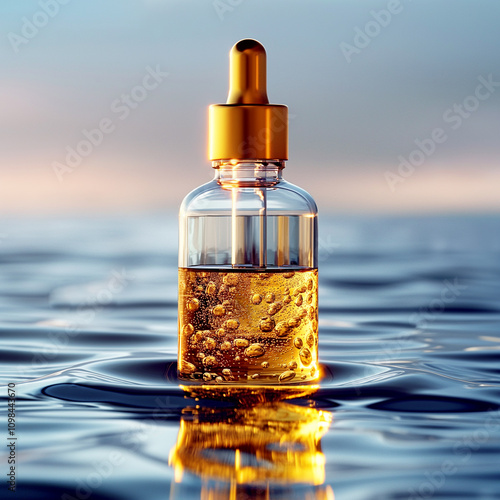 A transparent bottle with golden oil stands on the surface of the water photo