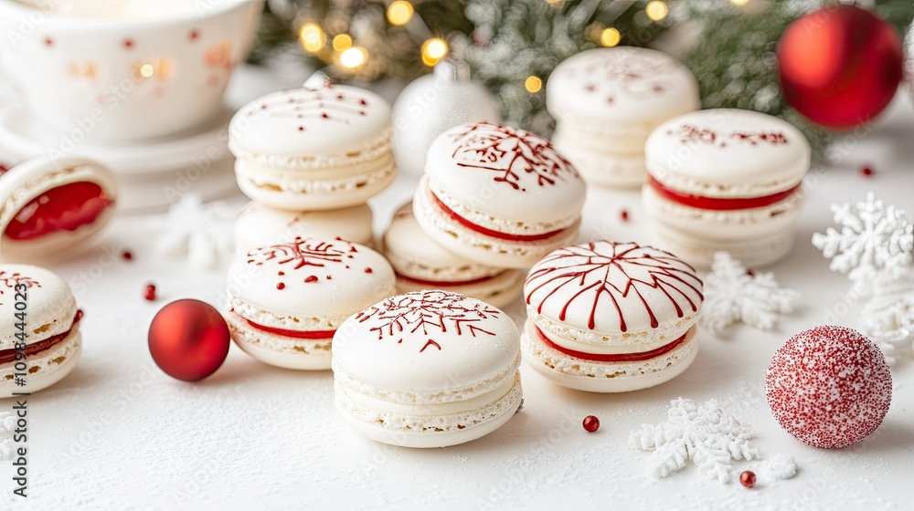 Fototapeta premium Festive Red and White Macarons with Winter Decorations on a Table