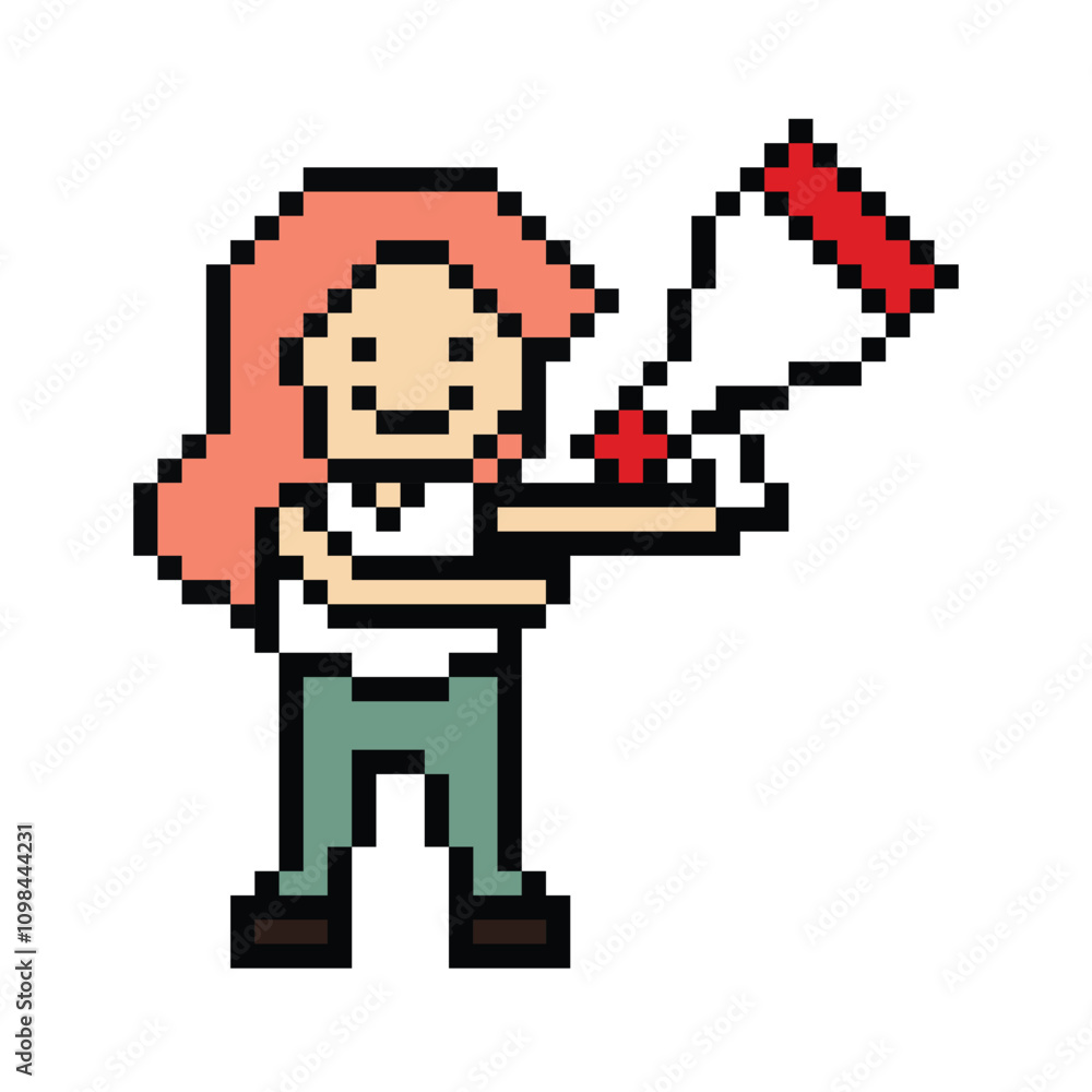 Obraz premium Cute pixel cartoon character woman with megaphone announcement speaker information announce decoration 8 bit female girl lady megaphone cartoon pixel game png vector.
