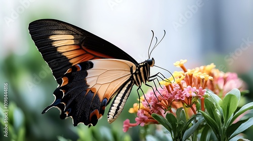 The vibrant colors of the butterflies fluttering over the blooming flowers and lush bushes in the city park create a natural spectacle that highlights the success of incorporating biodiversity and rew photo