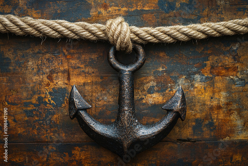 Heritage naval anchor with aged rope textures. photo