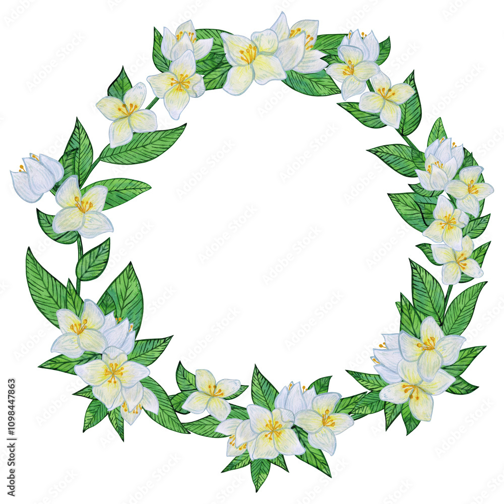 Fototapeta premium Jasmine flowers with white blooms and vibrant green leaves. Wreath of buds, foliage, and greenery. Spring and summer botanical watercolor circlet, isolated on a white