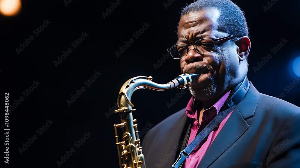 Naklejka premium A musician passionately plays the saxophone on stage, showcasing talent and artistry.