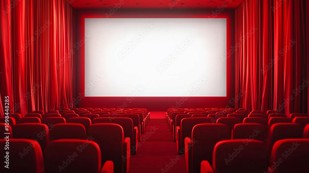 Obraz premium Cinema room with blank screen and empty space. Red seats and curtains. Concept of leisure, entertainment, cinema and theater.