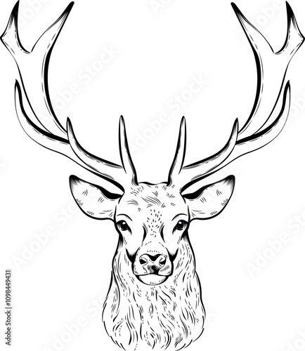 The head of a forest deer with horns in an engraving