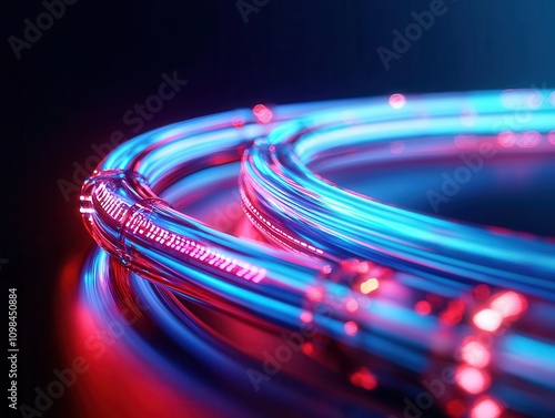 Dense optical cable cluster, glowing telecommunication innovation, 3D illustration photo