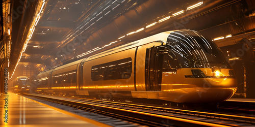 Golden Train Station: A sleek, futuristic train arrives at a modern station, bathed in warm, golden light, ready to embark on a journey of innovation and efficiency. 