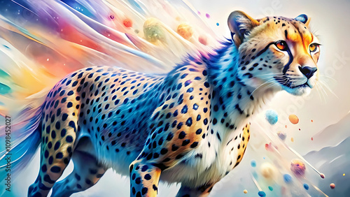 A cheetah surrounded by colorful, ethereal leaves and orbs in a dreamy watercolor style.