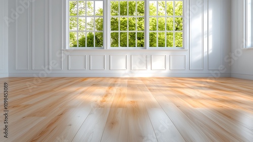 The room exudes a sense of timeless elegance with its white classic wall paneling that contrasts beautifully against the rich, warm tones of the wooden floor