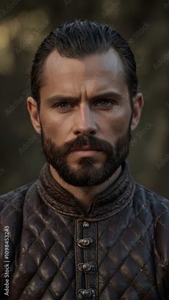 Fototapeta premium Viking Warrior with Braided Beard and Battle Armor in a Fierce and Intense Forest Scene