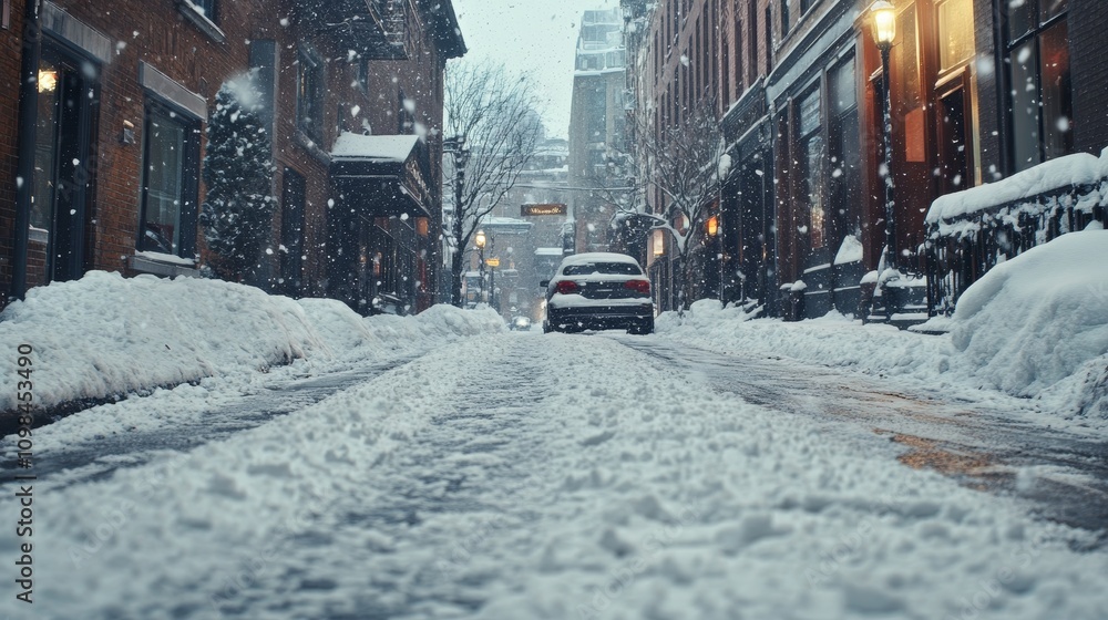 Fototapeta premium Fluffy white snow on street banner composition background 