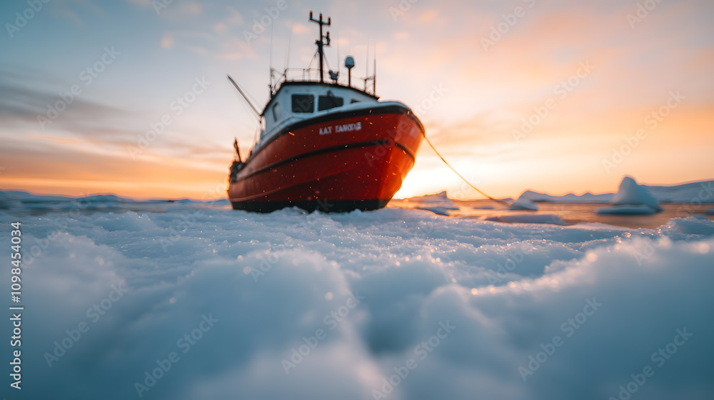 Obraz premium Small Red Ship Stuck in the Snow with an Arctic Backdrop – A Striking Scene of Survival in Harsh, Icy Conditions
