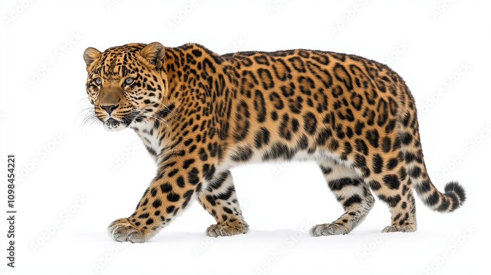 Fototapeta premium Majestic Leopard Walking Gracefully on White Background