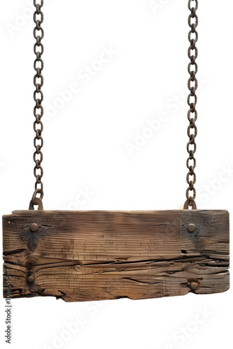 Rustic Wooden Hanging Signboard with Chains Isolated on White Background photo