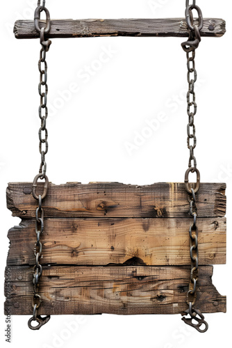 Rustic Wooden Hanging Signboard with Chains Isolated on White Background photo