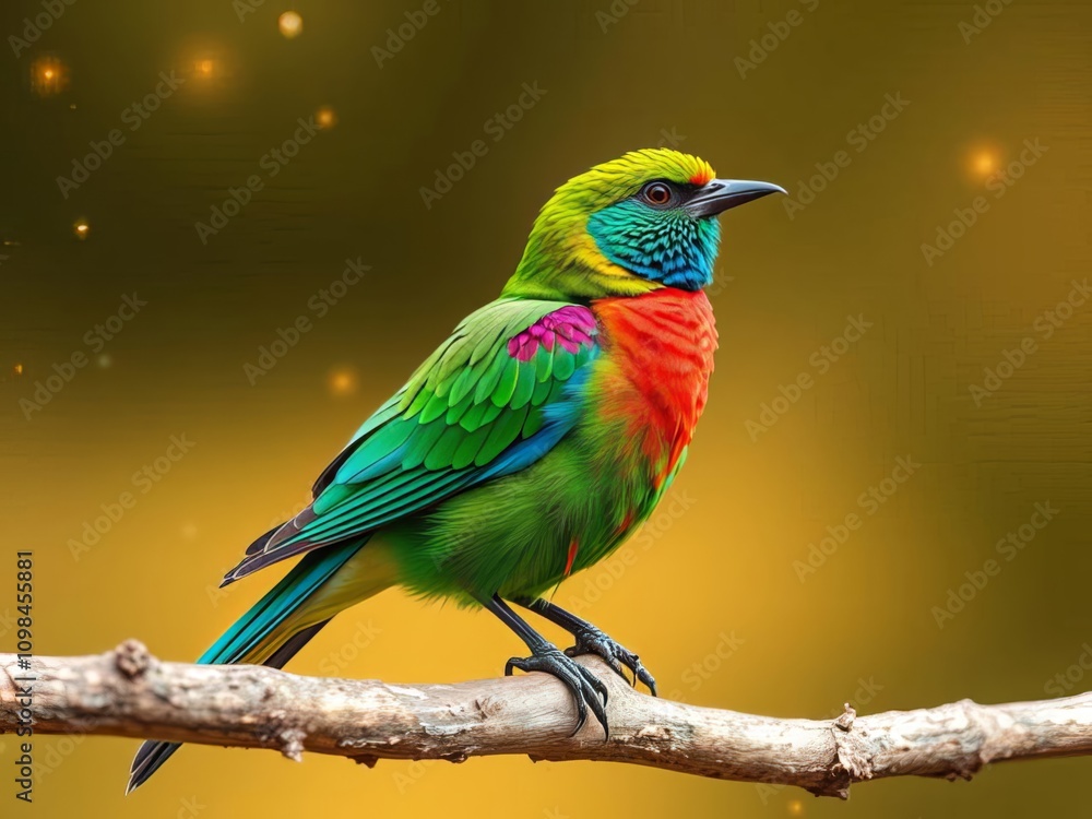 Obraz premium A colorful bird perched on a tree branch with a galaxy background