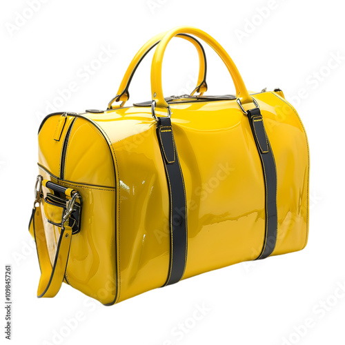 Stylish Yellow Leather Duffel Bag with Black Straps and Metal Buckles Isolated on White Background photo