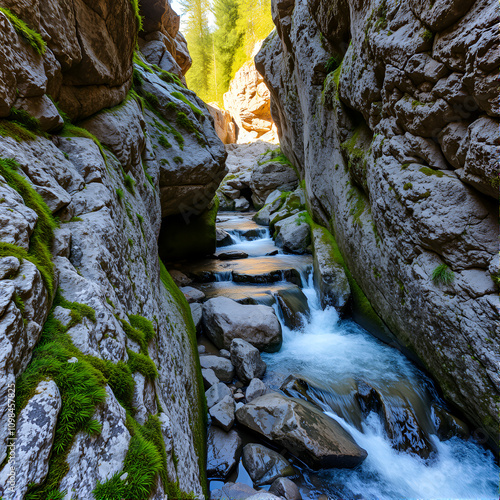 Mountain brook running between high rocks with grots in Carpathians in summer photo