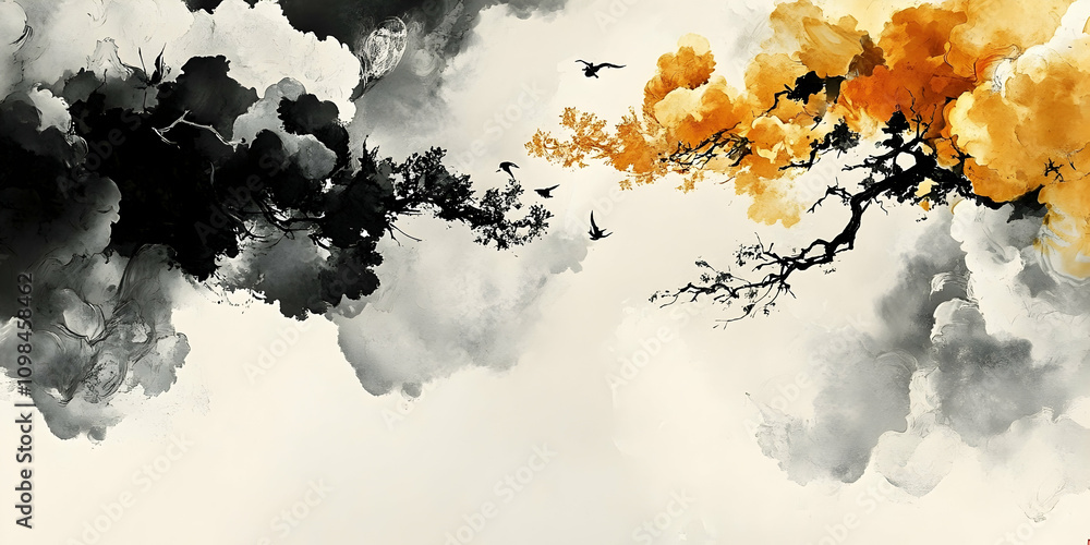 Obraz premium Abstract Ink Wash Painting. Birds Fly Between Two Trees