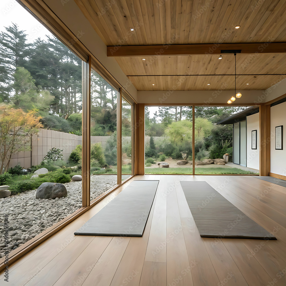 Fototapeta Serene Yoga Studio with Wooden Floors, Minimalist Decor, and Garden Views